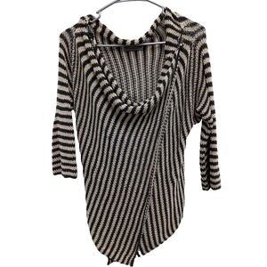 Wooden Ships Cardigan Sweater Womens Medium Black Tan Striped Cowl Neck Wrap